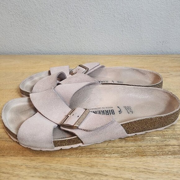 Birkenstock Sandals Womens Size 10 EU41 Pink Siena Big Buckle Suede Slides Cork - Picture 5 of 11